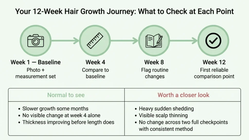 Timeline graphic showing what to check at week 1, 4, 8, and 12 of a hair growth journey