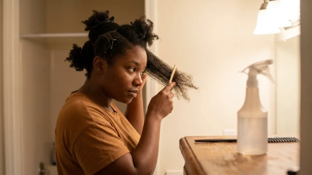 Detangling sectioned 4c natural hair with a wide-tooth comb
