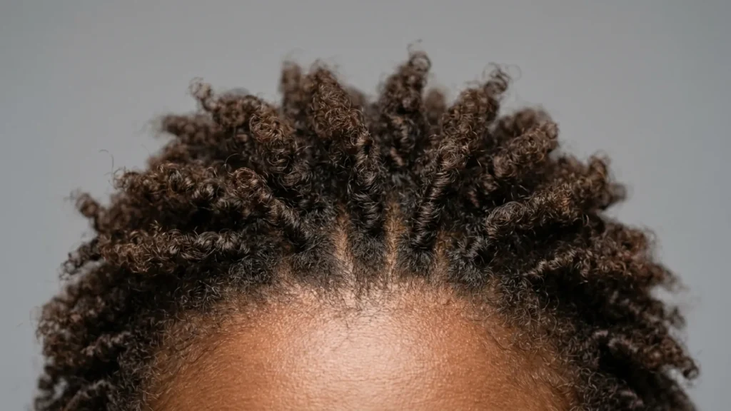 Macro view of coily hair strands emerging from the scalp at the root