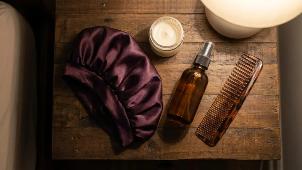 Flat-lay of a satin bonnet and leave-in cream for a nighttime hair routine