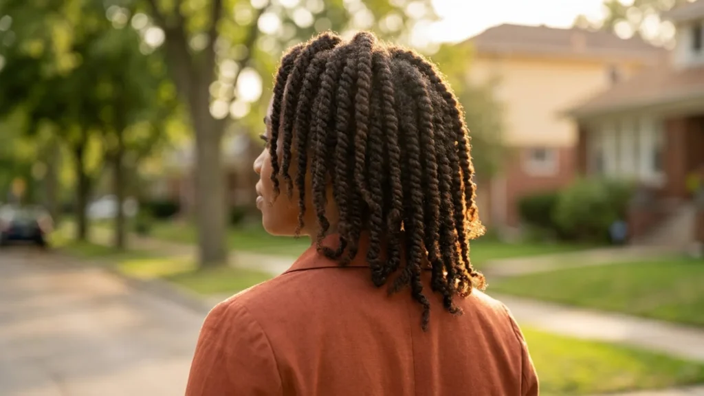 Back view of medium-sized protective twists on 4c natural hair outdoors