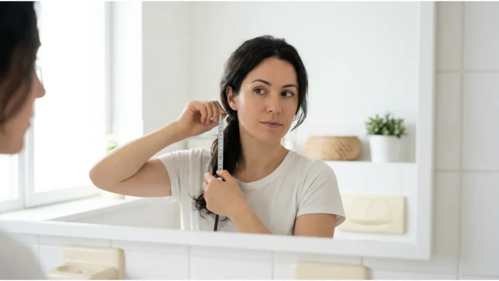 Woman holding a tape measure against her hair at the nape of her neck, reflected in a bathroom mirror