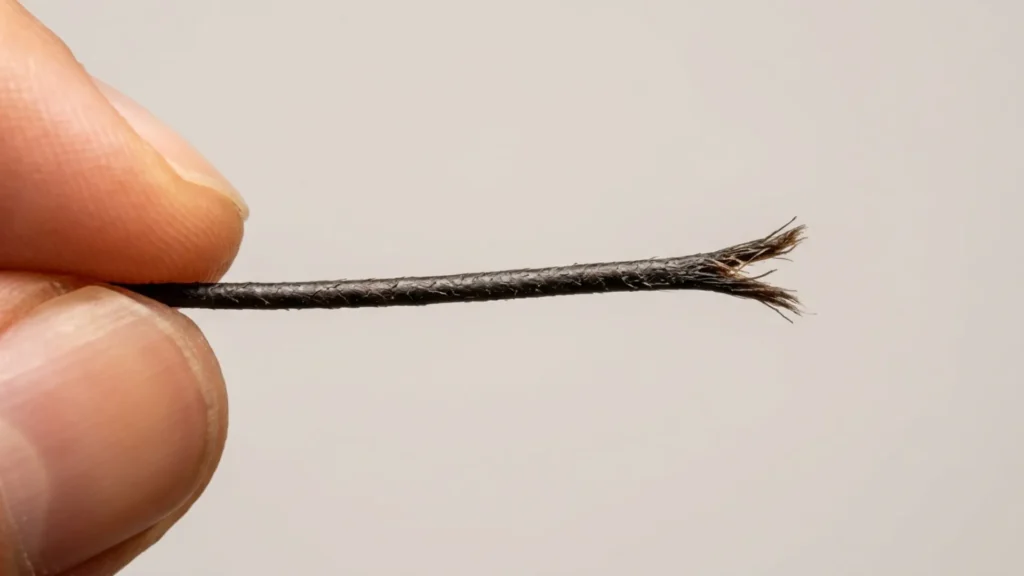 Extreme close-up of a dark hair strand held between fingertips, showing split ends and cuticle damage