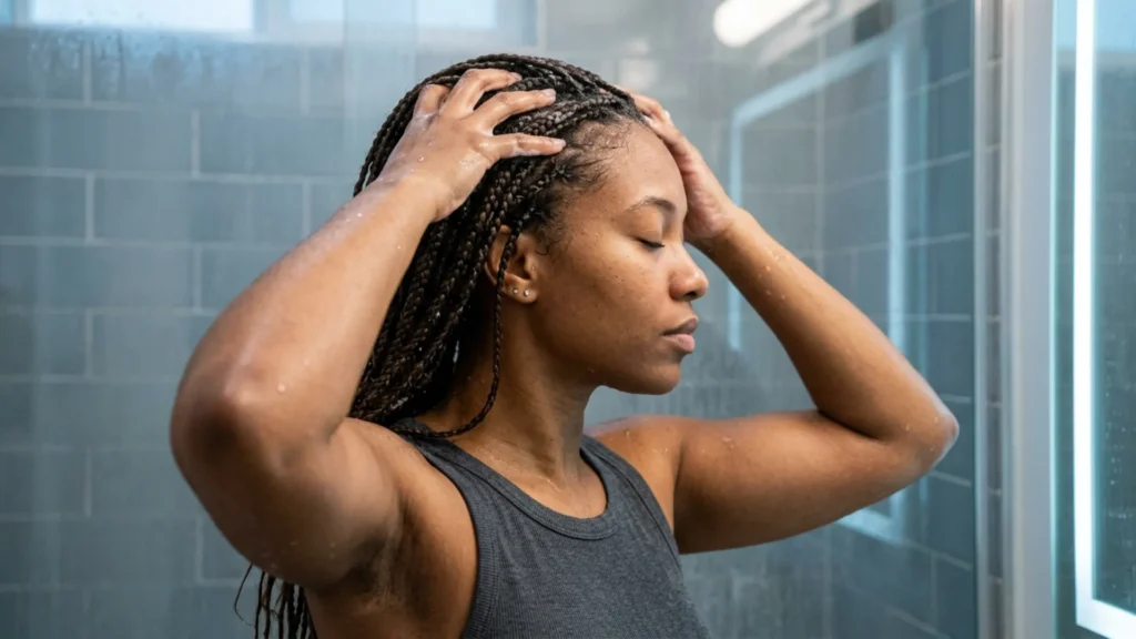 Woman massaging shampoo into scalp with fingertips during shower