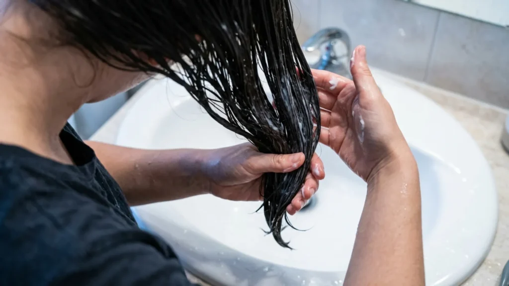 Hands applying conditioner through wet, sectioned hair