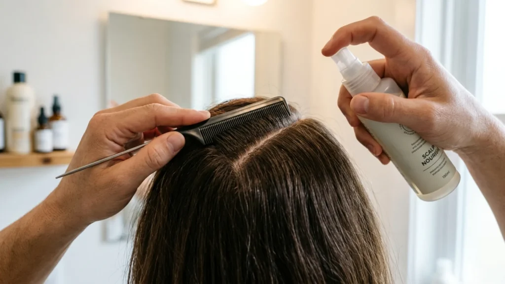 Close-up of hands parting hair and spraying product directly onto the scalp
