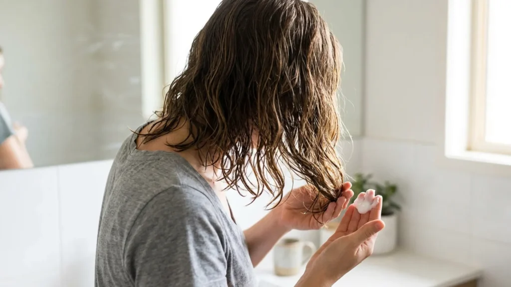 Woman applying a deep conditioning mask to mid-lengths and ends