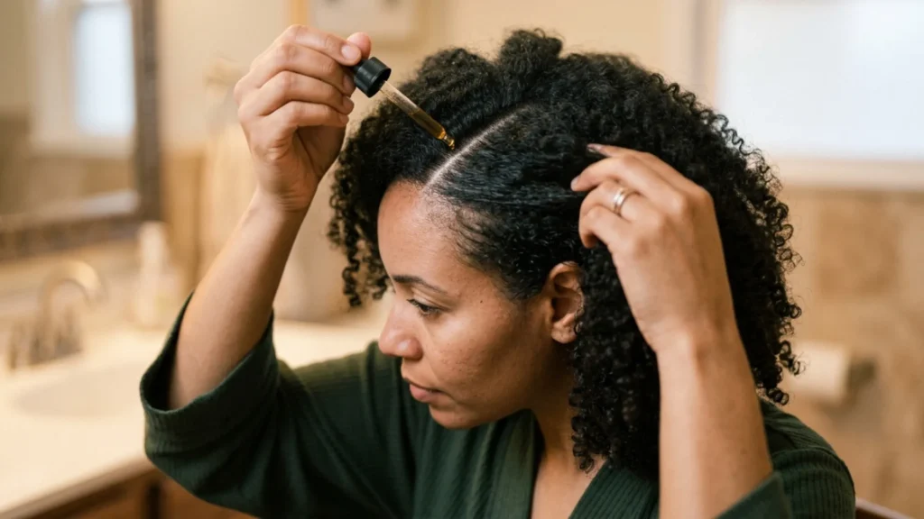 Applying homemade hair growth serum directly to the scalp with a dropper