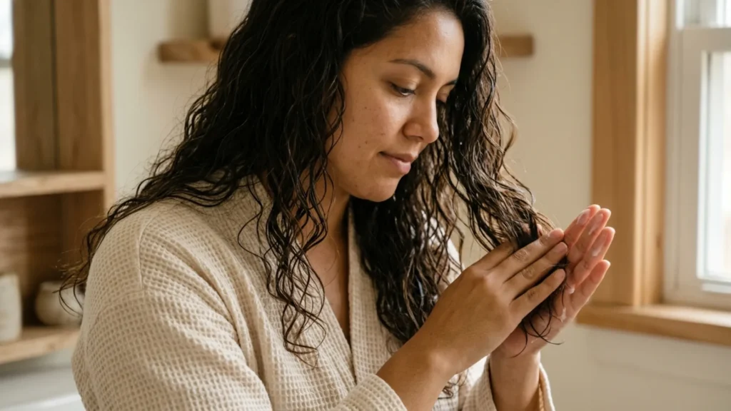 Working leave-in conditioner through the ends of thick dark wavy hair