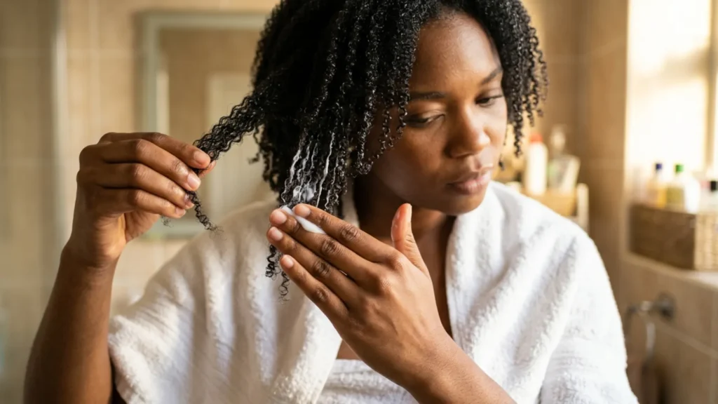 Woman applying leave-in conditioner to wet curly hair sections immediately after washing