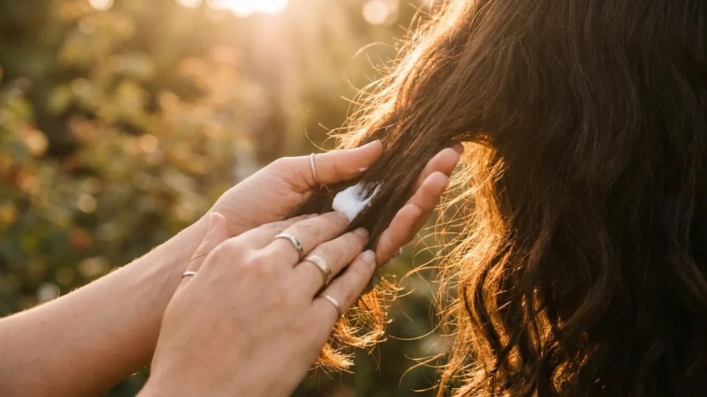 Hands applying a leave-in treatment to the ends of wavy hair