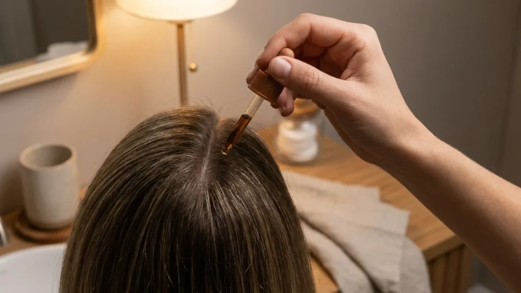 Hand applying a dropper treatment to a parted section of scalp