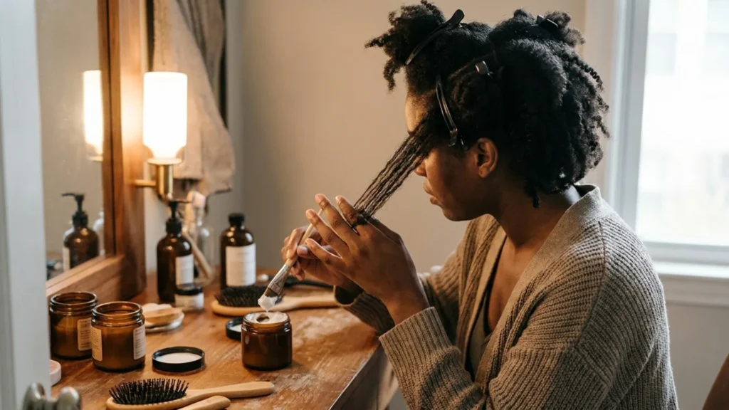 Black woman applying cream product to her sectioned natural hair at home vanity