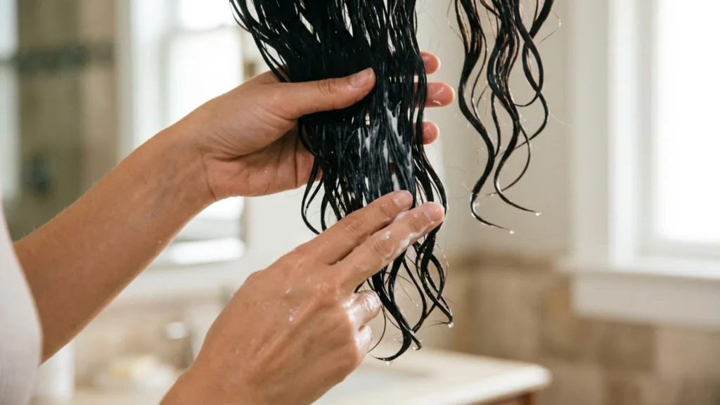 Hands applying styling cream to the ends of wet hair