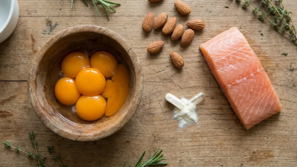 Flat lay of eggs, salmon, and almonds as natural food sources of biotin