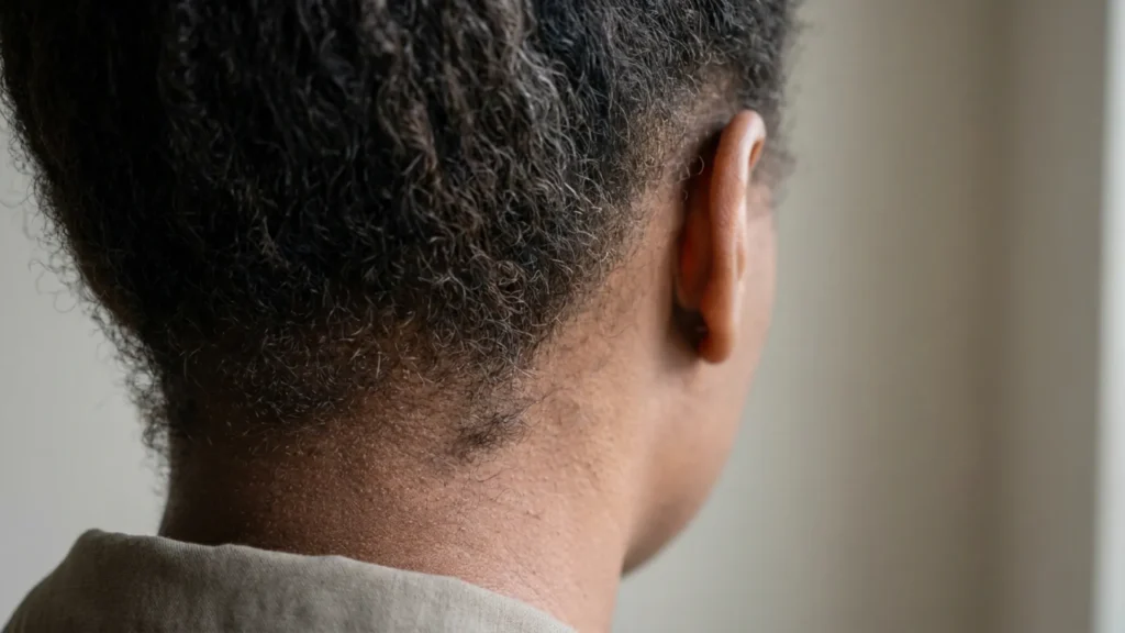Close-up of natural hair breakage at the nape and hairline