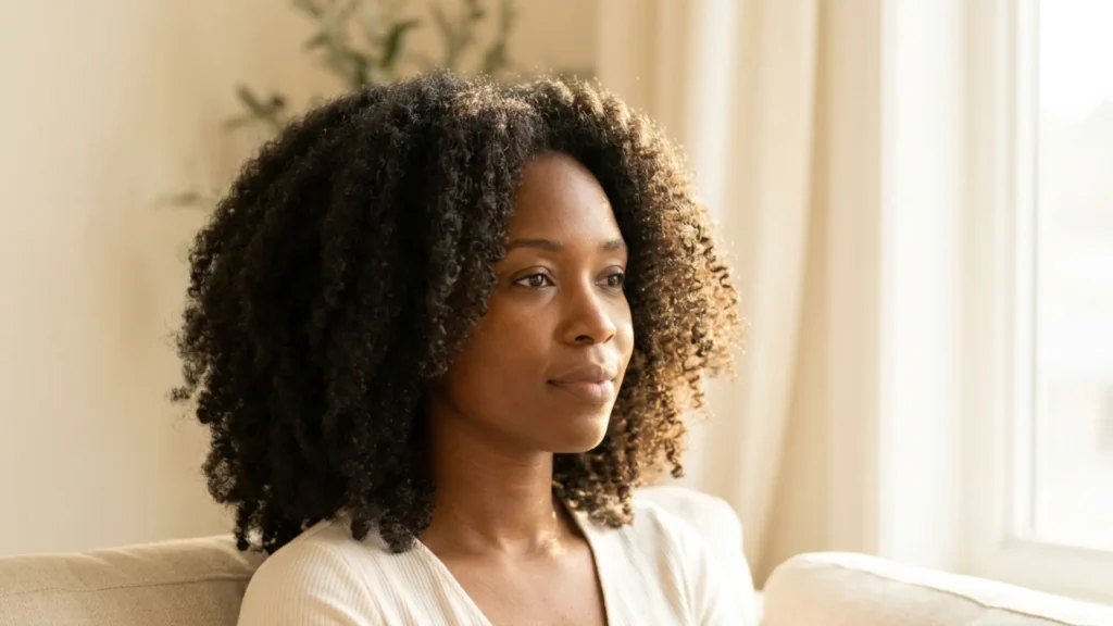 Black woman with full natural coily hair sitting near a window in warm morning light with a calm expression