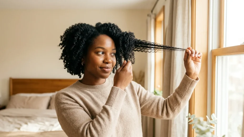 Black woman comparing the stretched length of her natural coily hair against its shrunken natural state