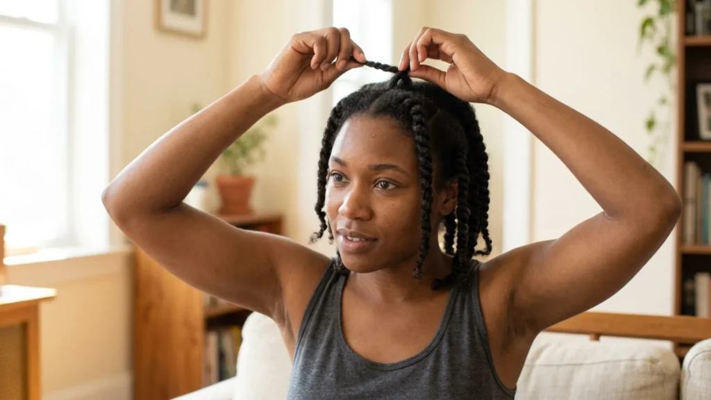 Black woman styling her own natural coily hair into two-strand twists as a protective style