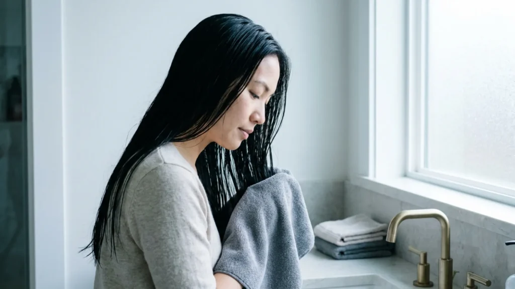 Woman blotting damp black hair with a microfiber towel as part of a soft hair care routine