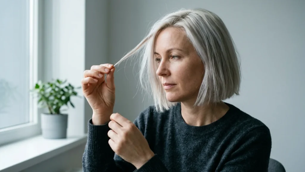 Woman with a platinum blonde bob holding a strand up to window light to check its tone