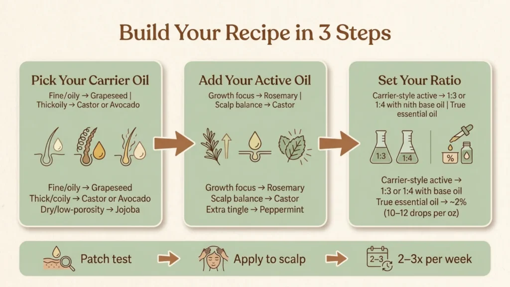 Flow chart showing how to choose a carrier oil, active oil, and ratio by hair type