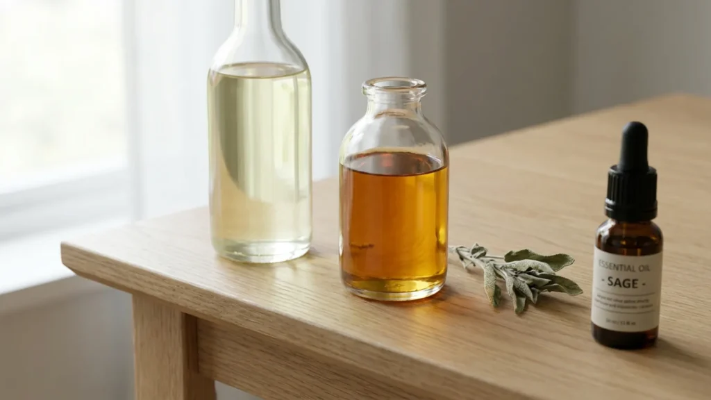 Three bottles representing the carrier, active, and essential oil parts of a hair growth oil recipe