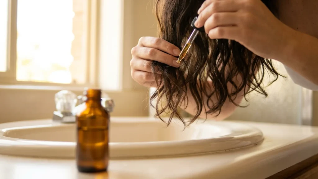 Applying a castor oil and rosemary blend to prevent hair breakage