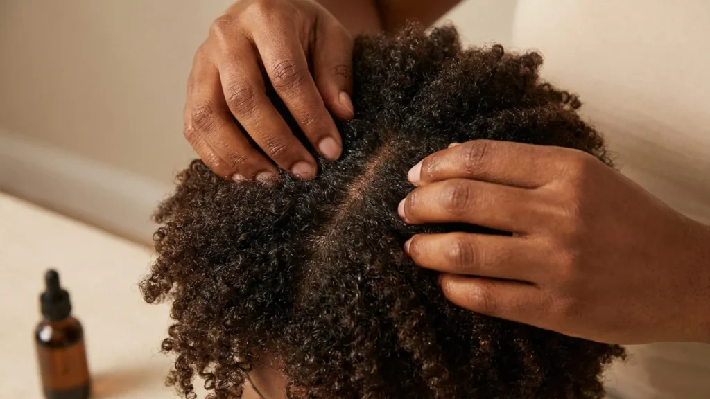 Hands parting and massaging castor oil into a 4C natural hair scalp in small circular sections