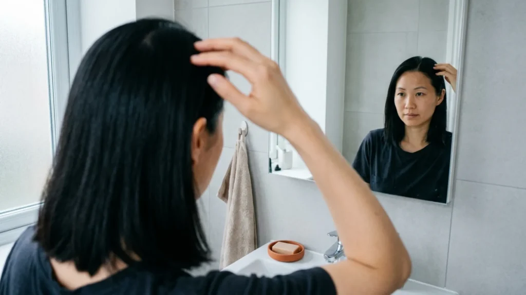 Woman with fine straight black hair checking her roots in a bathroom mirror