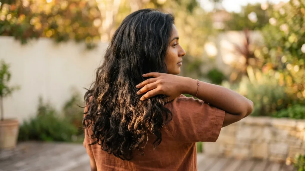 Woman running fingers through wavy hair to check texture for signs of protein sensitivity