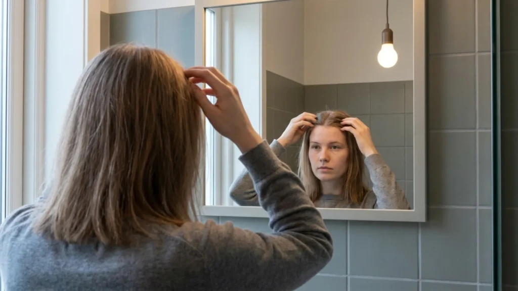 Person checking their part width in a bathroom mirror