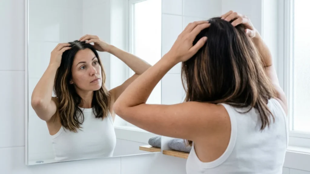 Woman parting dark brown caramel-highlighted hair at a bathroom mirror to check her roots