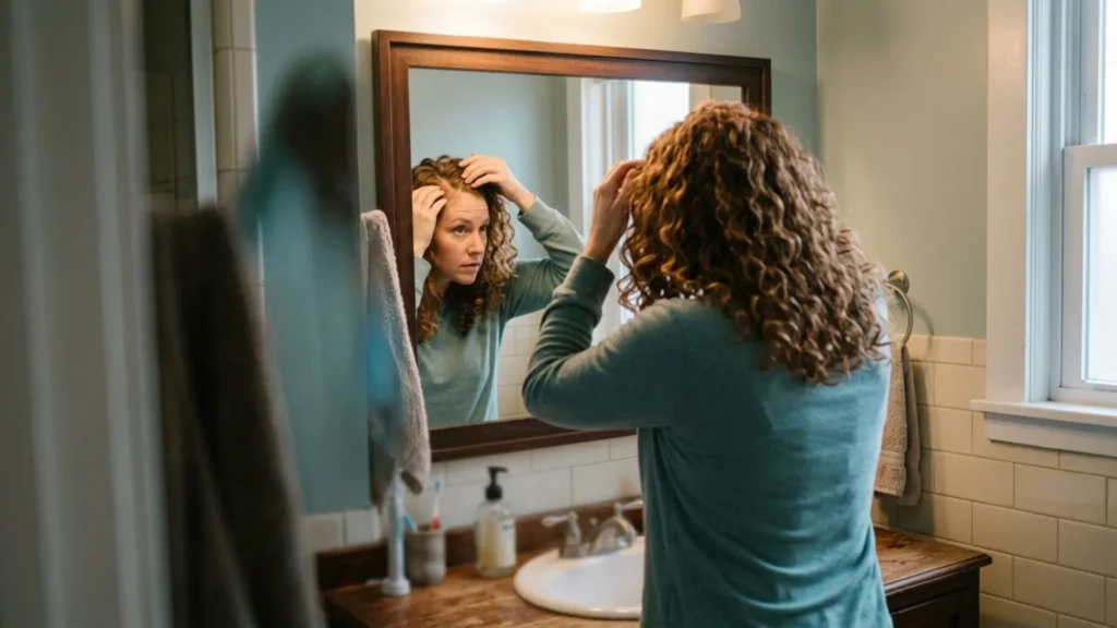 Person parting their hair to check the scalp and hairline in a mirror