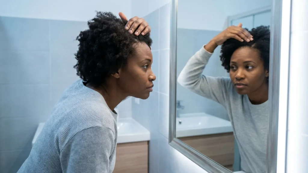 Woman checking her scalp and hairline in a mirror