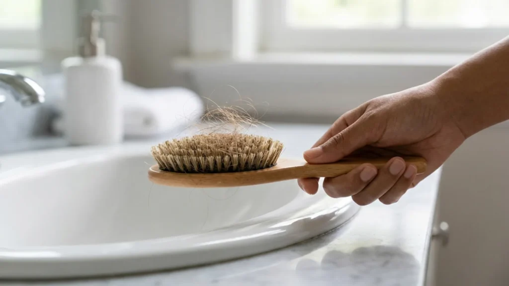 Hand holding a hairbrush with a normal amount of shed hair near a sink