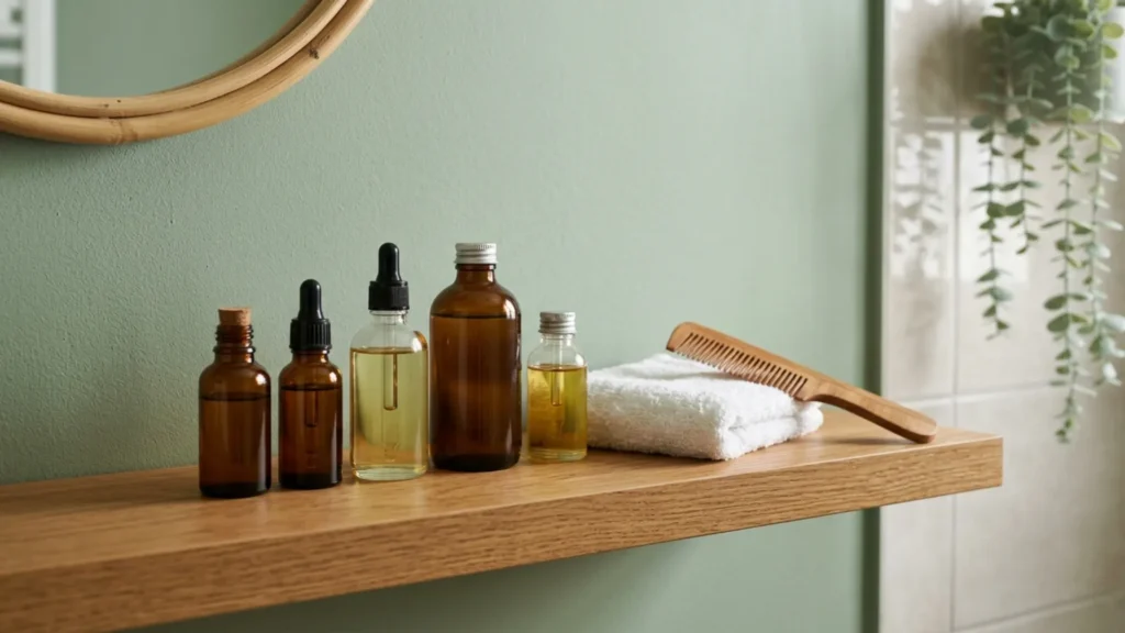 Bathroom shelf holding several different hair oil bottles