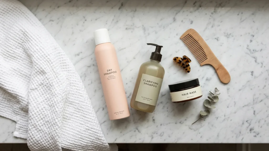 Clarifying shampoo, hair mask, and dry shampoo arranged on a bathroom shelf