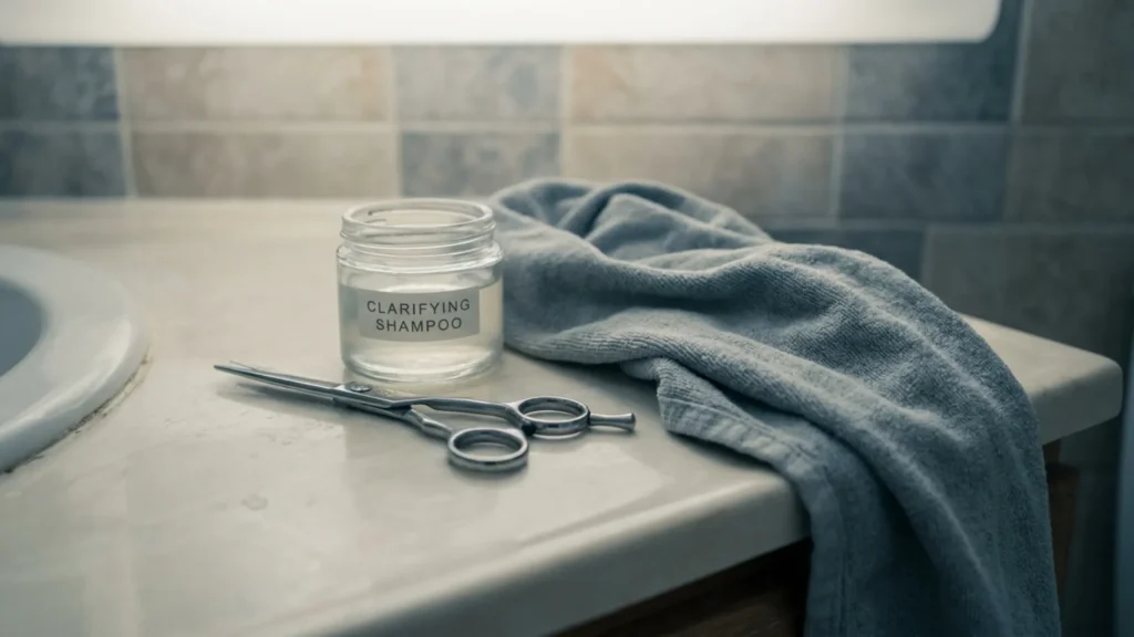 Clarifying shampoo and scissors for a monthly hair maintenance step
