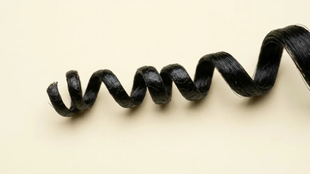 Extreme macro close-up of a single tightly coiled Black hair strand showing the spiral's bends and cuticle surface