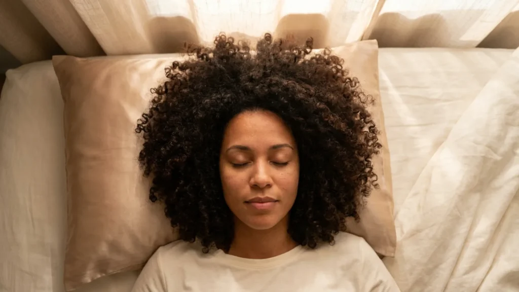 Woman with defined coily curls resting on a champagne satin pillowcase in morning light