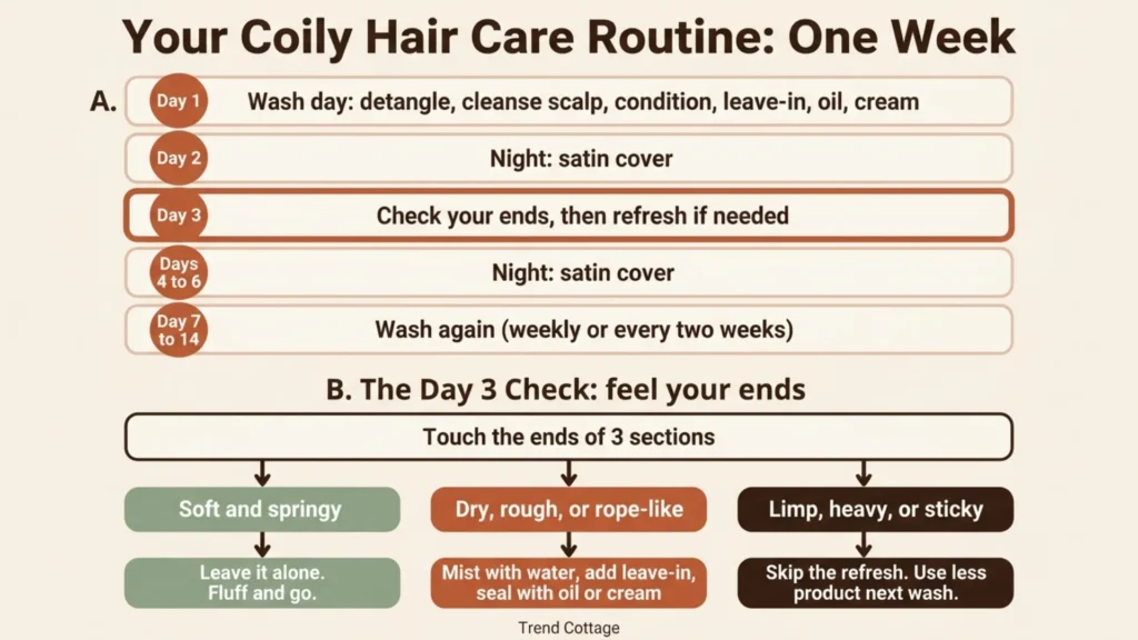 Weekly planner graphic showing wash day, the day 3 ends check and nightly satin cover