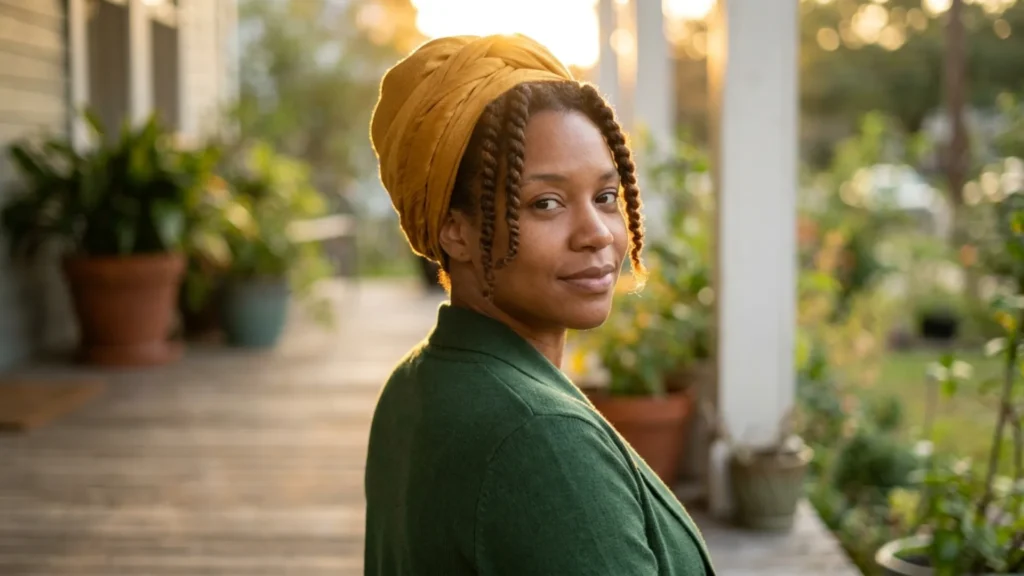Woman in chunky twists and a mustard satin headwrap on a porch at golden hour