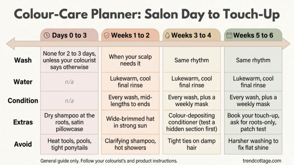 Four-column planner showing wash, water, conditioner and extras from salon day to touch-up