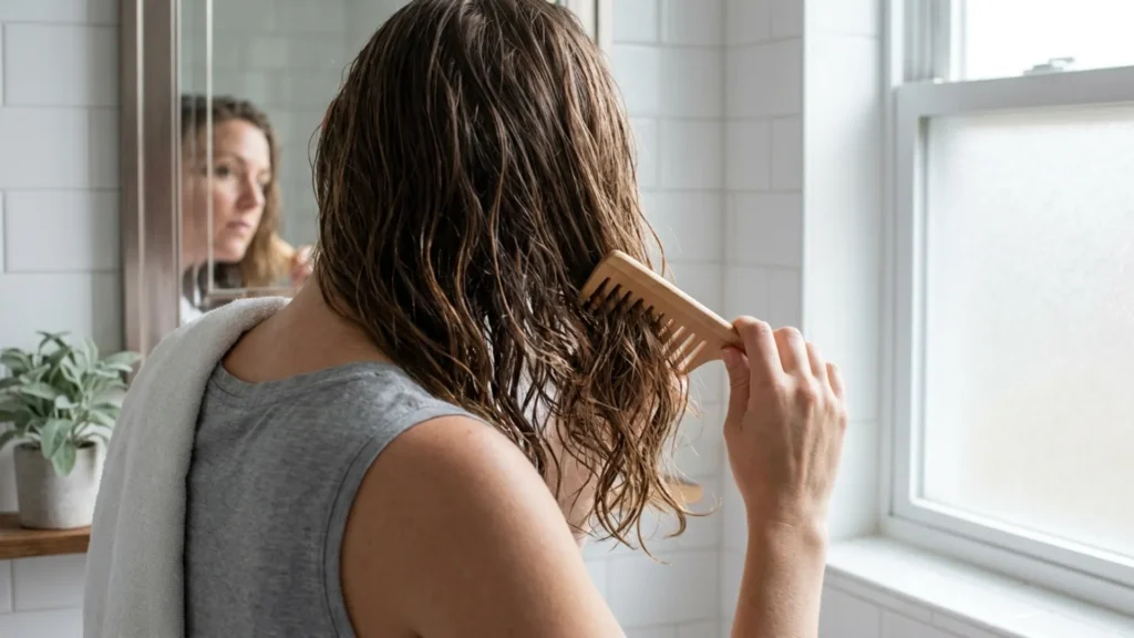 Woman combing damp wavy hair with a wooden wide-tooth comb in a bathroom mirror