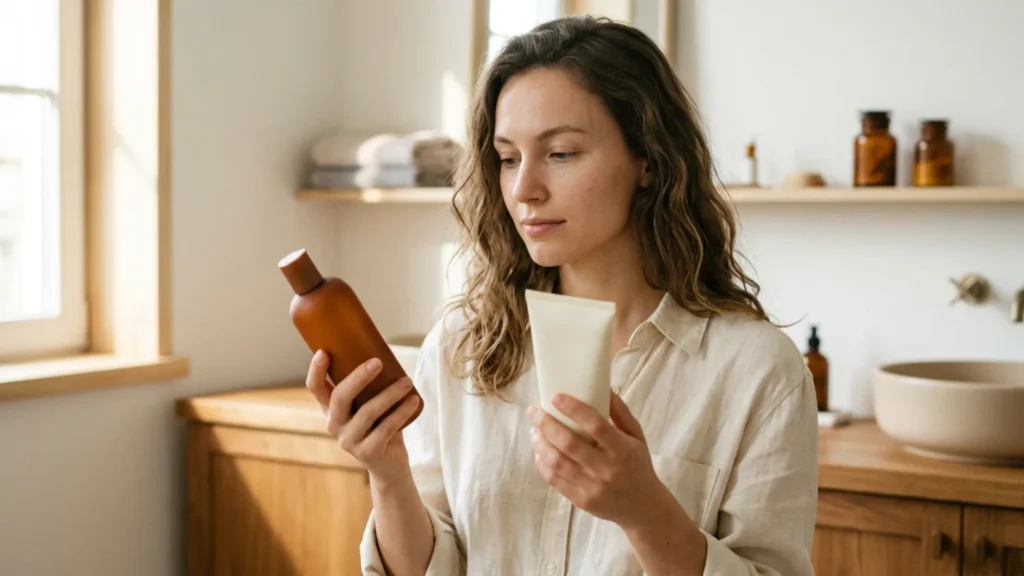 Woman comparing two hair care product bottles side by side at a wooden bathroom vanity