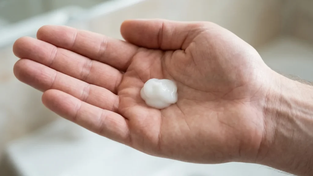 Close-up of conditioner in a man's palm ready to apply to hair