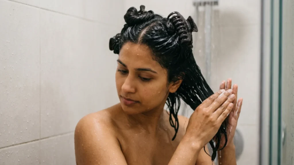 Applying conditioner to a clipped section of thick wet hair during wash day