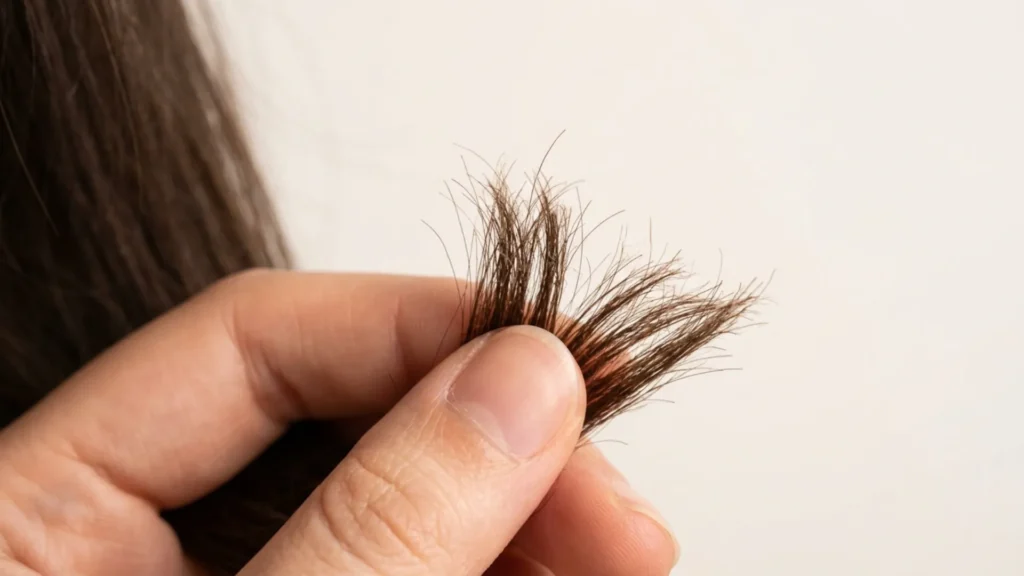 Close-up of damaged hair ends contributing to ongoing frizz