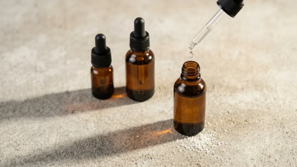 Three amber glass dropper bottles on stone surface representing scalp treatment actives